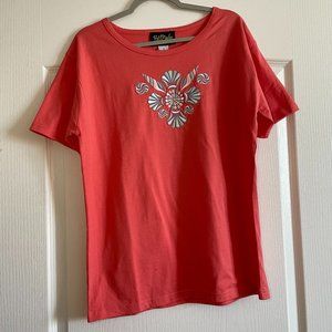 Bob Mackie Wearable Art Floral Boho Embroidered Tshirt Size M 100% Cotton NWOT